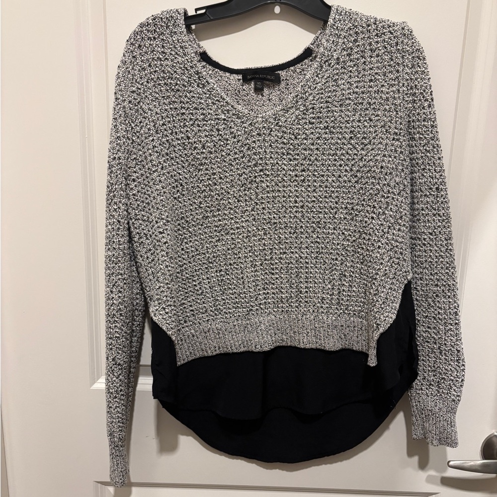 Banana Republic Grey Knit V-Neck Sweater with Black Layered Hem